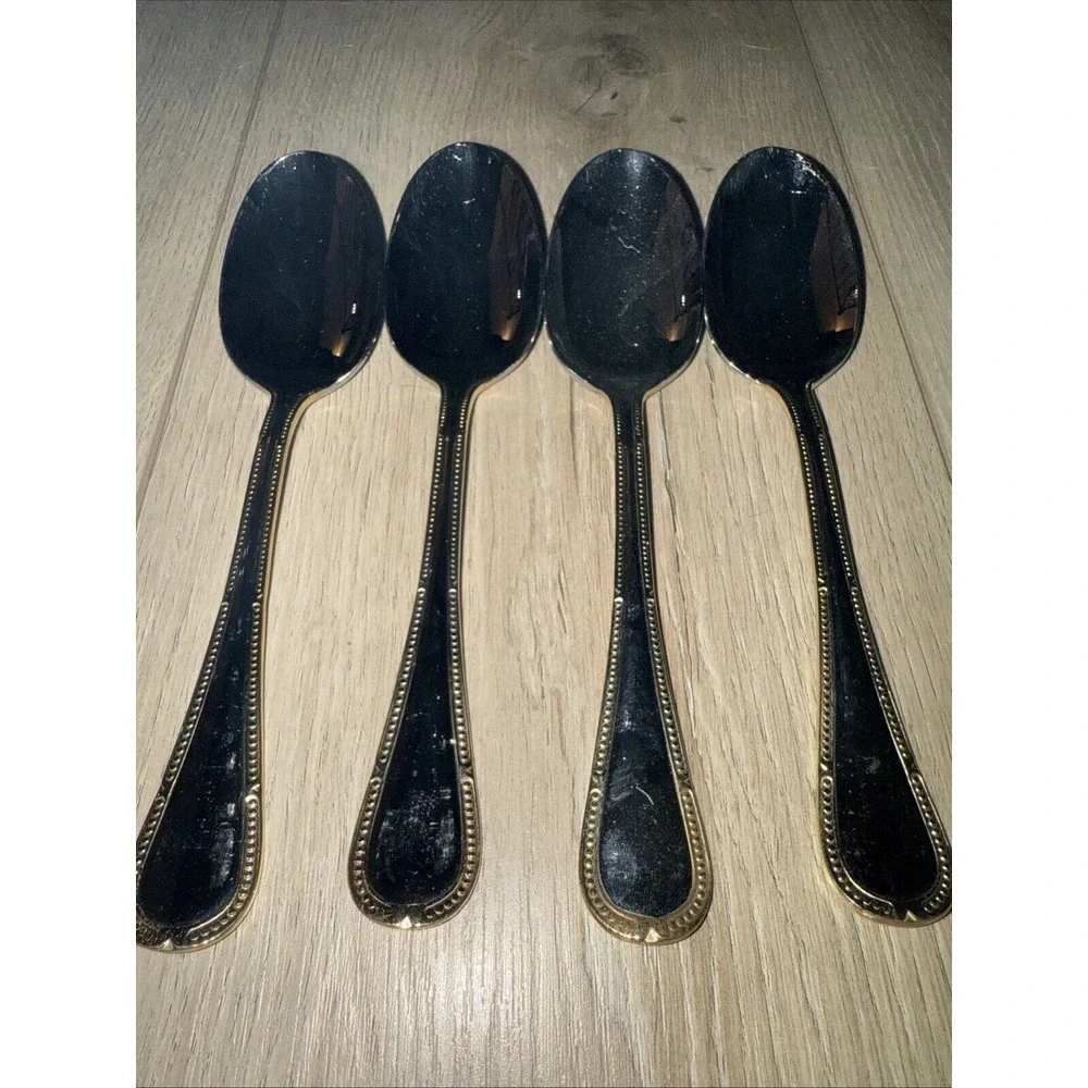 4‎ PCs Yamazaki Allegra Stainless Place Oval Soup Spoons w/Gold Accents Korea